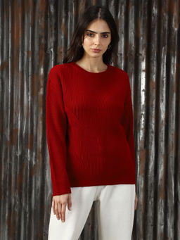 High Star - Red Knitted Relaxed Fit Acrylic Sweater