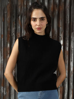 High Star - Black Knitted Regular Fit Sleeveless Sweater