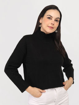 CHKOKKO - Black Solid Crop Pullover Sweater