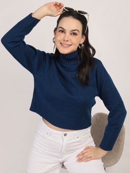 CHKOKKO - Indigo Solid Crop Pullover Sweater