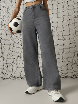 Hubberholme - Grey Cotton Washed Loose Fit High-Rise Jeans