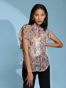 Label Ritu Kumar - Peach Ruffled Printed Top with Camisole (Set of 2)