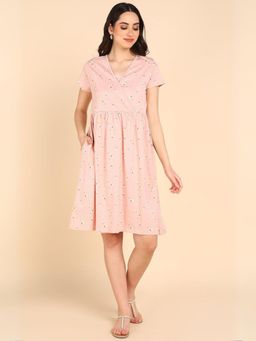 Zelena - Pink Floral Half Sleeves V Neck Maternity Western Zipless Dress