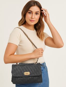 ESBEDA - Black Color Classic Weave Flap Sling Bag For Women