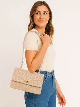 ESBEDA - Beige Color Classic Weave Flap Sling Bag For Women