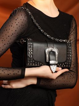 Kazo - Black Rock Glam Sling Bag With Dectable Strap (M)