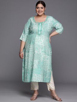 Extra love by Libas - Plus Size Women Blue Printed Silk Straight Kurtas for Women