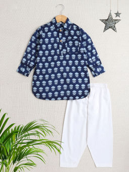 The Magic Wand - Navy Blue Floral Kurta and Pyjama (Set of 2)