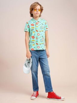 Jack & Jones Junior - Boys Sea Blue Printed Cotton Polo T-Shirt