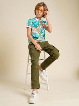 Jack & Jones Junior - Boys Blue Floral Printed Cotton Polo T-Shirt