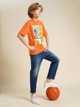 Jack & Jones Junior - Boys Orange Printed Cotton T-Shirt
