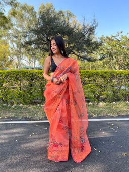 Odette - Orange Organza Silk Saree with Unstitched Blouse