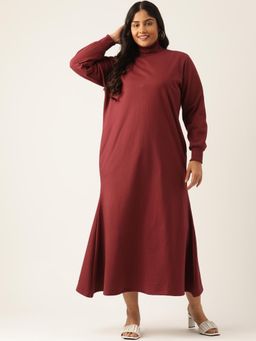 theRebelinme - Plus Size Womens Maroon Solid Knitted Fleece Maxi Dress