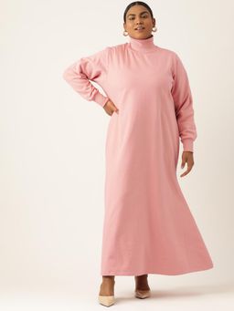 theRebelinme - Plus Size Womens Pink Solid Knitted Fleece Maxi Dress