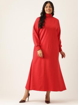 theRebelinme - Plus Size Womens Red Solid Knitted Fleece Maxi Dress