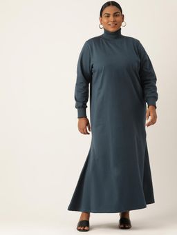 theRebelinme - Plus Size Womens Teal Solid Knitted Fleece Maxi Dress
