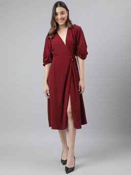 Latin Quarters - Women Maroon Casual Solid Three Fourth Sleeves A-Line Dress