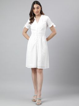 Latin Quarters - Women White Casual Self Design Half Sleeves A-Line Dress