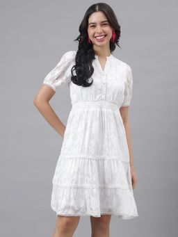 Latin Quarters - Women White Casual Self Design Half Sleeves Fit and Flare Dress