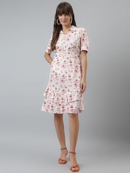Latin Quarters - Women Pink Casual Floral Printed Half Sleeves A-Line Dress