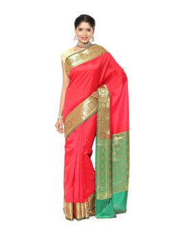 Banarasi Silk Works - Red Valkalam Katan Silk Anchal Saree with Unstitched Blouse