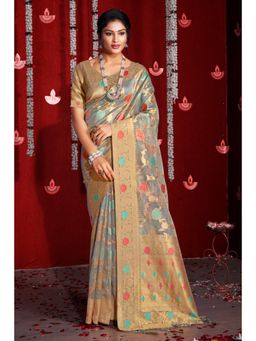 Sangam Prints - Grey Organza Woven Zari Work Traditional Tassel Saree with Unstitched Blouse