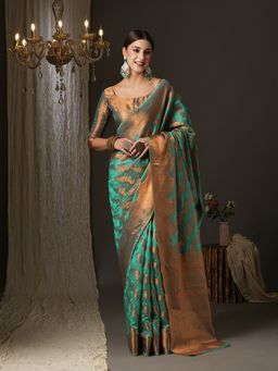 Akhilam - Womens Silk Blend Teal Blue Woven Design Designer Saree with Unstitched Blouse