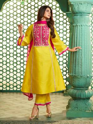 BHAMA COUTURE Yellow Floral Anarkali Kurta with Pant & Dupatta - Image 1