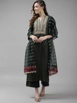 Indo Era Black Printed Straight Kurta Trouser With Dupatta Set