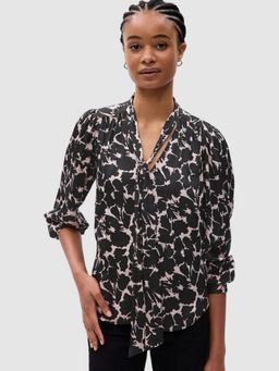 GAP - Women Black Floral Pussy Bow Three-Quarter Sleeve Top