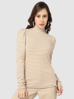 GAP - Women Beige High Neck Striped Full Sleeve Top