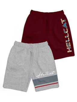 HELLCAT - Trendy Grey Mélange Burgundy With Branding Printed Shorts (Set of 2)