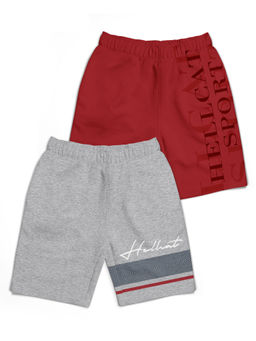HELLCAT - Trendy Grey Mélange Maroon With Branding Printed Shorts (Set of 2)