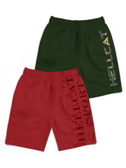 HELLCAT - Trendy Maroon Olive Green With Branding Printed Shorts (Set of 2)