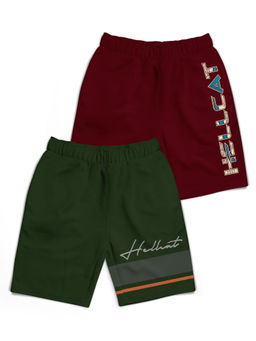 HELLCAT - Trendy Olive Green Burgundy With Branding Printed Shorts (Set of 2)