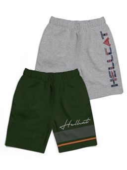 HELLCAT - Trendy Olive Green Grey Mélange With Branding Printed Shorts (Set of 2)