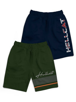 HELLCAT - Trendy Olive Green Navy Blue With Branding Printed Shorts (Set of 2)