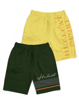HELLCAT - Trendy Olive Green Yellow With Branding Printed Shorts (Set of 2)