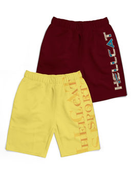 HELLCAT - Trendy Yellow Burgundy With Branding Printed Shorts (Set of 2)