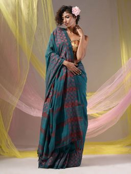 CHARUKRITI - Teal Cotton Handloom Soft Geometric Border Saree with Unstitched Blouse