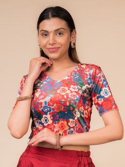 BINDIGASM'S ADVI - Vaaya Velvet Print V Neck Blouse Stretchable Pull On Blouse