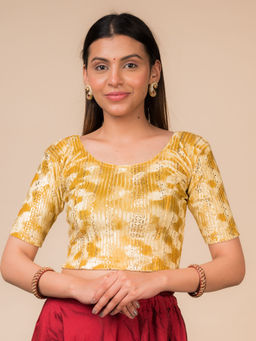 BINDIGASM'S ADVI - Afsana Metallic Gold Stripes Velvet Stretchable Saree Blouse By Advi