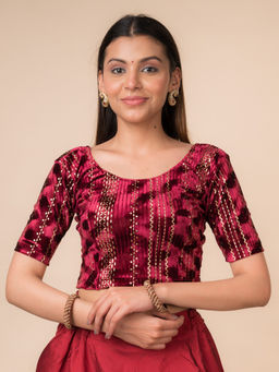 BINDIGASM'S ADVI - Afsana Metallic Gold Stripes Velvet Stretchable Saree Blouse By Advi