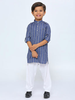 Kids Island - Boys Cotton Rayon Navy Blue Designer Kurta & Pyjama Set (Set of 2)