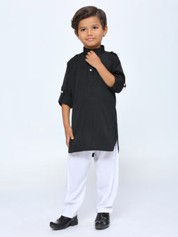 Kids Island - Boys Cotton Rayon Black & White Kurta & Pyjama Set (Set of 2)