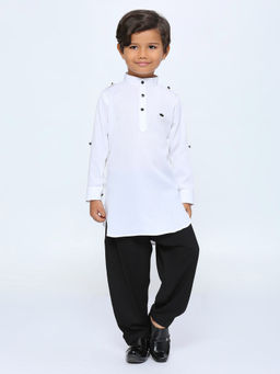 Kids Island - Boys Cotton Rayon White & Black Kurta & Pyjama Set (Set of 2)