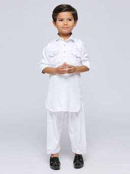 Kids Island - Boys White Satin Kurta & Pyjama Set (Set of 2)