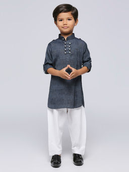 Kids Island - Boys Navy Blue Silk Cotton Kurta & Pyjama Set (Set of 2)