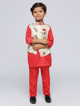 Kids Island - Boys Red Kurta & Pyjama with Silk Cotton Jacket Jacquard (Set of 3)