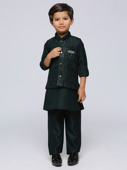 Kids Island - Boys Green Kurta & Pyjama with Cotton Silk Jacket Jacquard (Set of 3)